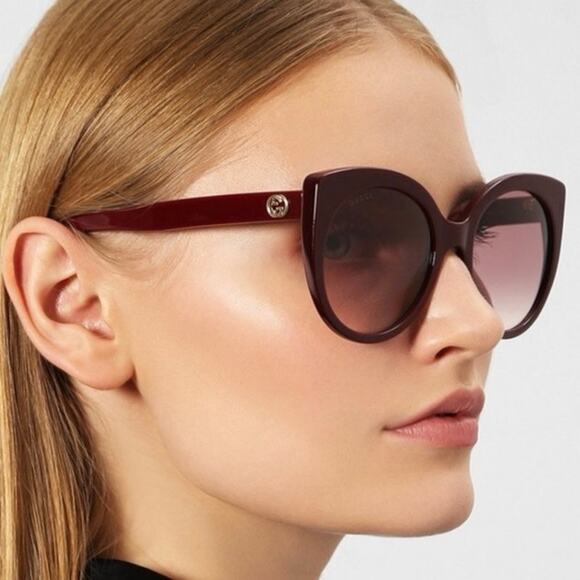 Gucci Cat Eye Sunglasses Burgundy Red Eyewear Made In Italy Acetate Frame
